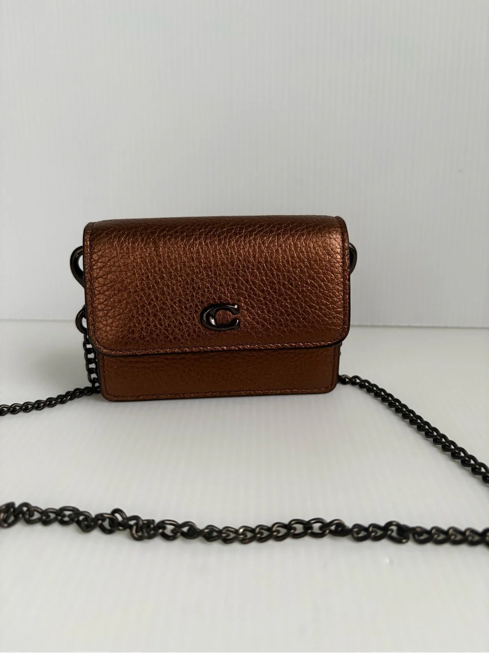 Coach Half Flap card Case Crossbody Bag Pewter Metallic Bronze Chain Strap NWOT